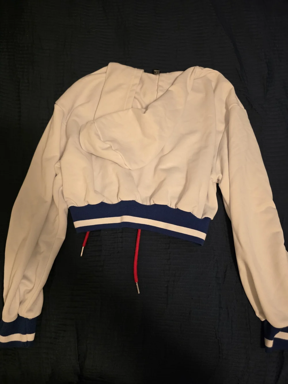 SHEIN White Hooded Cropped Sweatshirt with Blue Trim and Red Drawcords